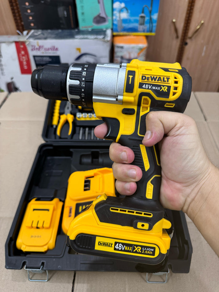 Close-up of Dewalt cordless drill and drill bits