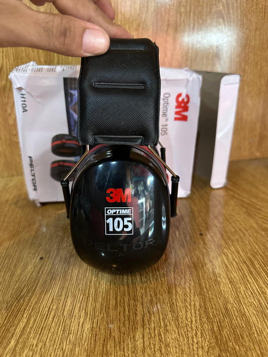 3M Peltor Optime 105 Over-the-Head Earmuffs (Model H10A), designed for hearing protection in extremely loud environments.