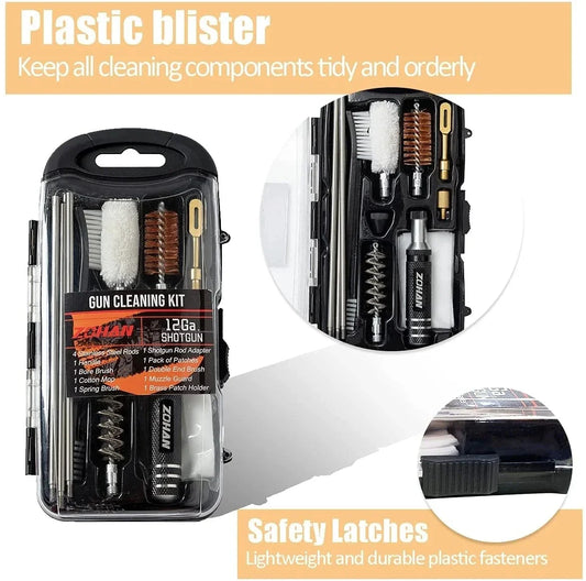 Gun cleaning kit with various components in a black plastic blister packaging.