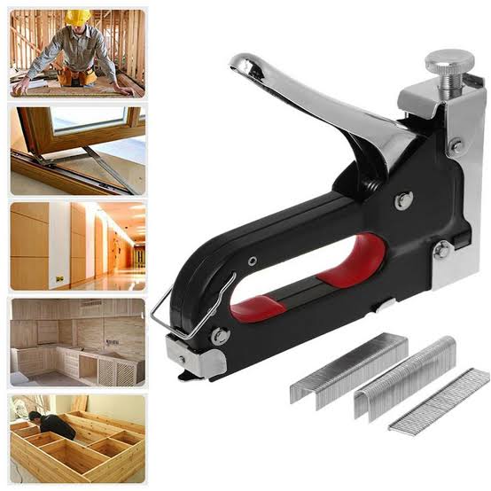 Tacker gun with staples on a white background, surrounded by images of construction work.