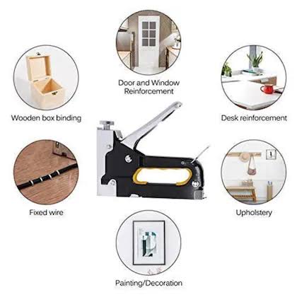 Tacker gun with various application scenarios depicted around it.