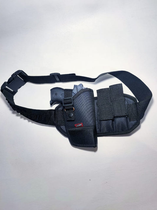 30 bore holster, 9mm pistol holster, black belt holster, tactical gun holster, pistol holster with mag pouch, dual magazine holster, concealed carry holster, gun holster Pakistan, black color gun holster, tactical belt holster, handgun accessories Pakistan, 9m
