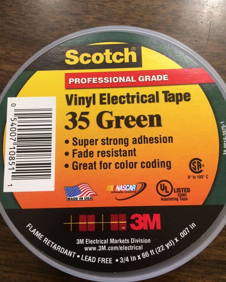 3M tape, Scotch electrical tape, vinyl tape, UL listed tape, color coded wire tape, flame retardant tape, Pakistan electrical supplies Green Tap