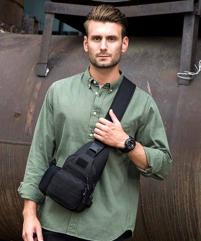 Sling Bag Chest Bag with USB Charging Port – Lightweight Crossbody Bag for Hiking, Cycling & Travel (Black)