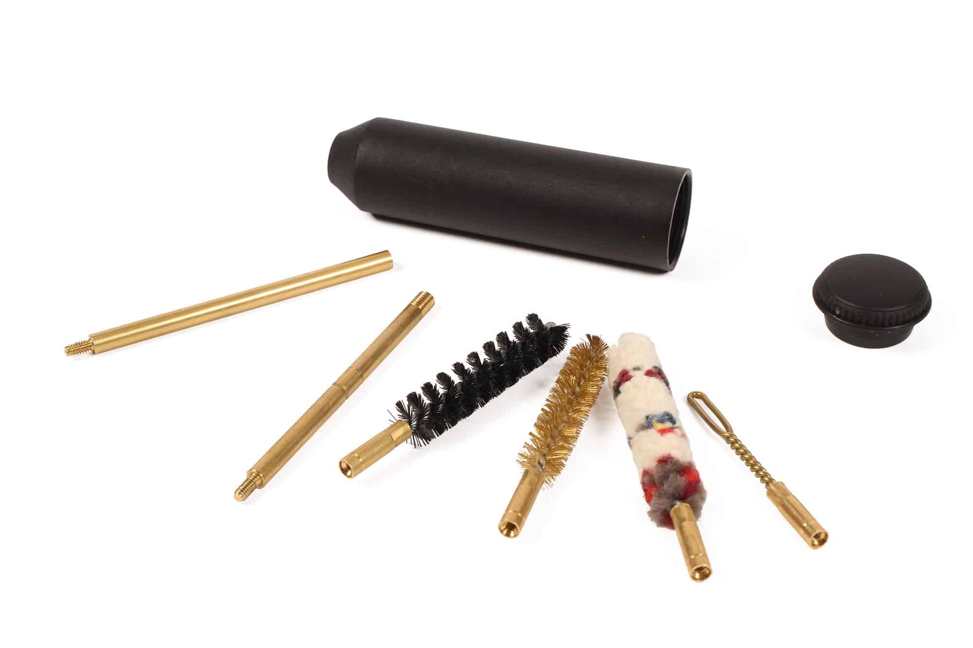 Set of gun pistol cleaning brushes and tools on a white background