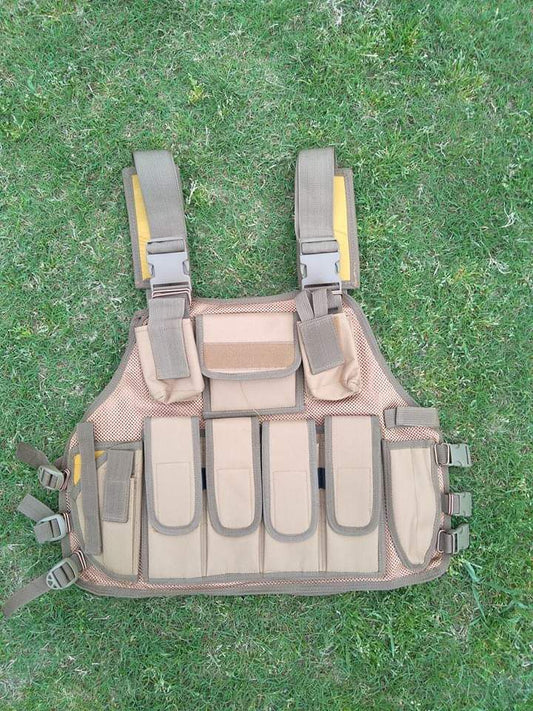 AK-47 tactical vest, AK-47 magazine holder vest, tactical vest with pistol holster, knife holster vest, golden tactical vest, AK-47 mag carrier vest, tactical gear vest, shooting vest, hunting vest with magazine holder, tactical vest Pakistan, military gear vest
