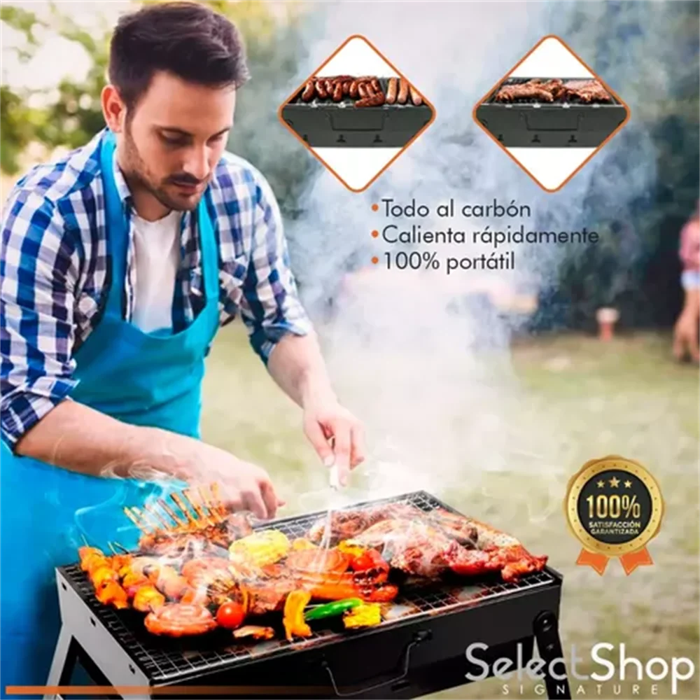 Man grilling outdoors with a portable charcoal grill 