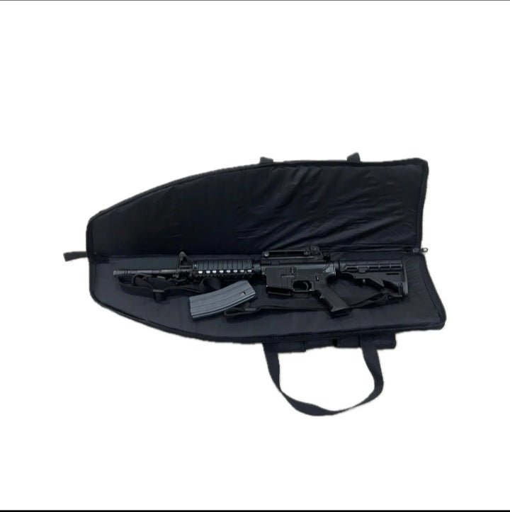 Black rifle case with a rifle inside on a white background