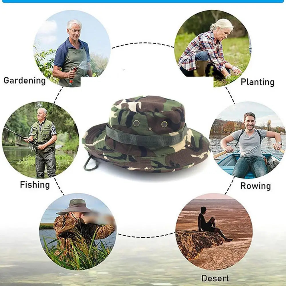 Camouflage hat with scenarios of use around it on a white background