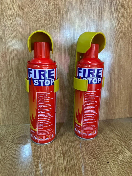 500ml Fire Stop Spray portable fire extinguisher secured in a bright yellow plastic mounting bracket