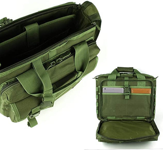 "Front view of military tactical briefcase with MOLLE webbing"
