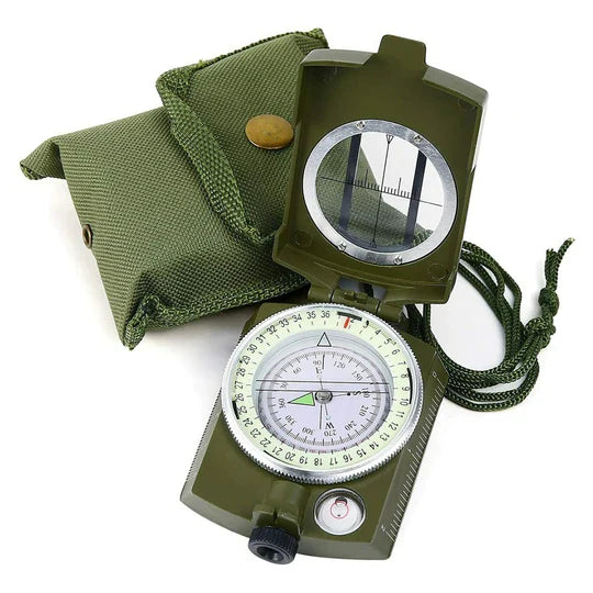 Green military compass with carrying case on a white background