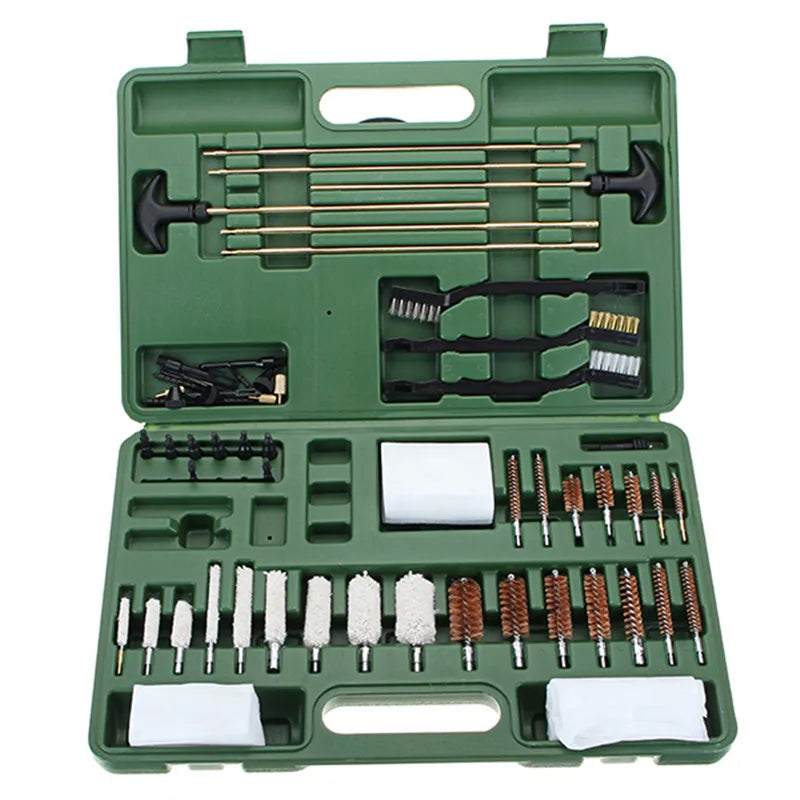 Green gun cleaning kit with various tools inside an open case 