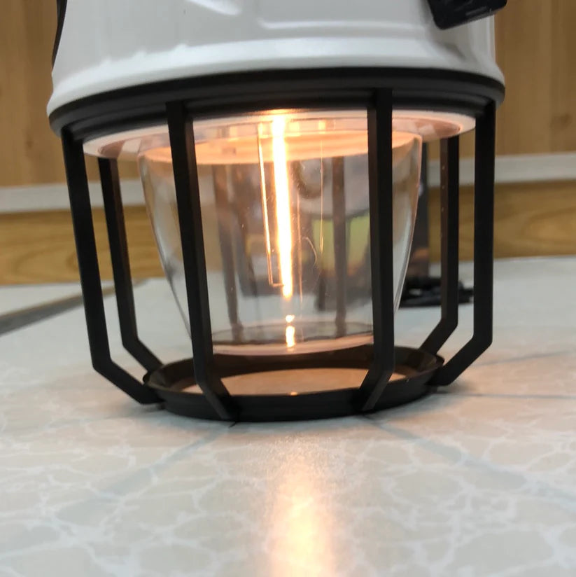Decorative lamp with a black metal cage and clear glass shade on a light surface.