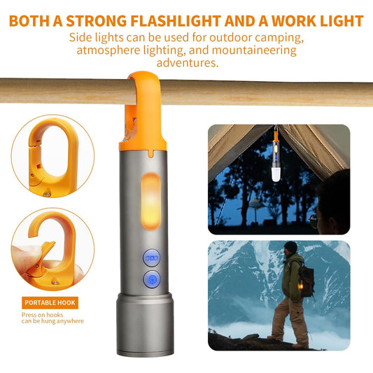 LED Light Rechargeable Tactical LED Flashlight – Zoomable with Camping COB Sidelight & Multicolor Lens