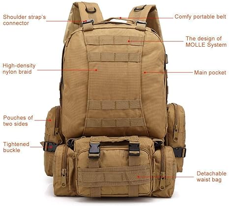 Large outdoor backpack for camping and hiking with multiple compartments