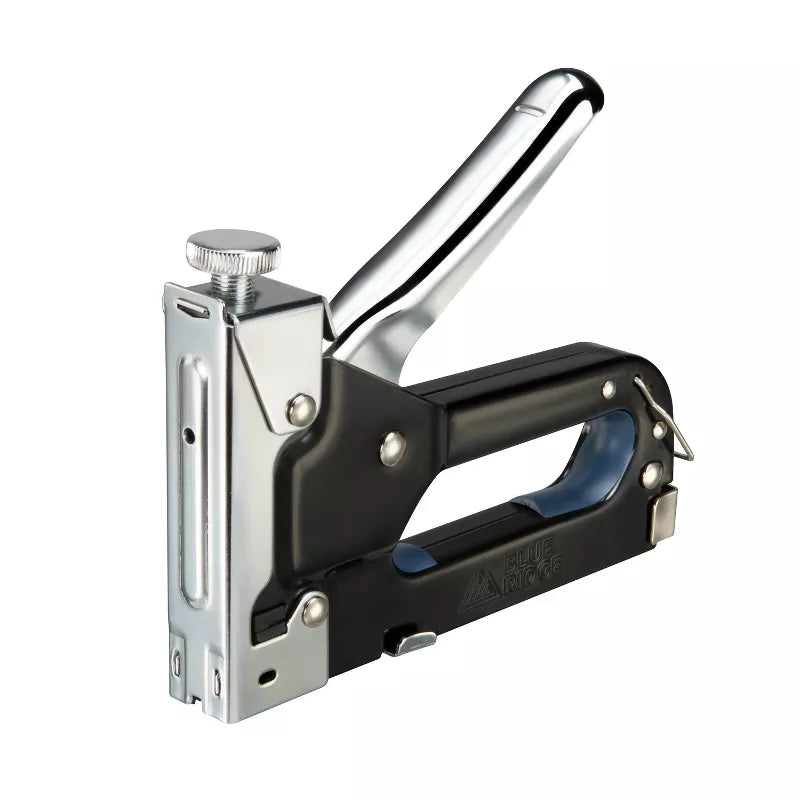 Metal staple gun with black handle on a white background