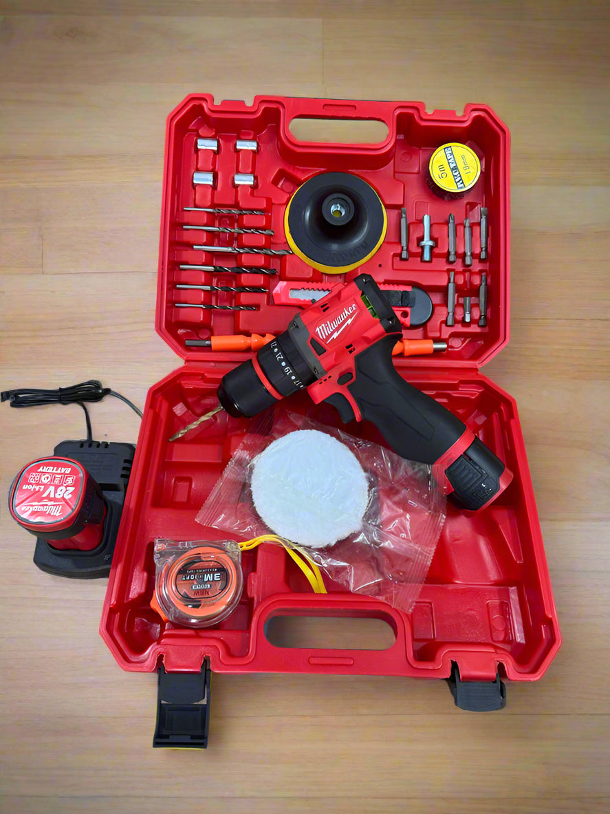 Milwaukee 28V brushless cordless drill with accessories toolkit