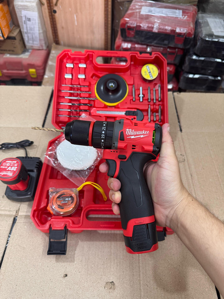Milwaukee power drill set with rechargeable battery and drill bits