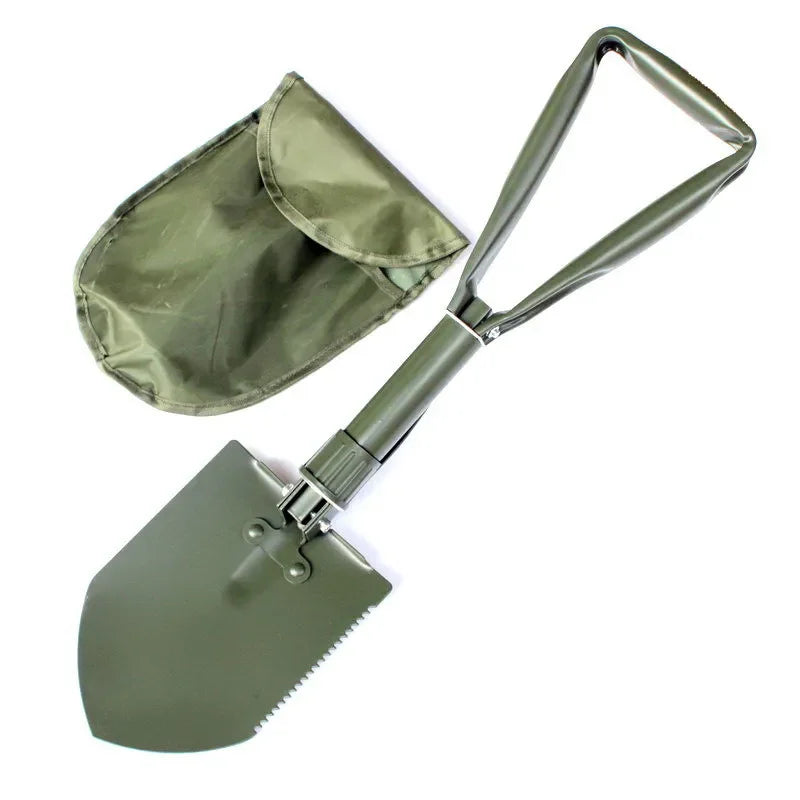 Green Multifunctional Folding Shovel  with carrying pouch on a white background