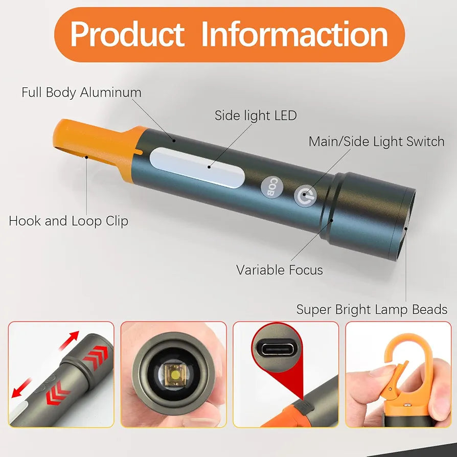 LED Light Rechargeable Tactical LED Flashlight – Zoomable with Camping COB Sidelight & Multicolor Lens