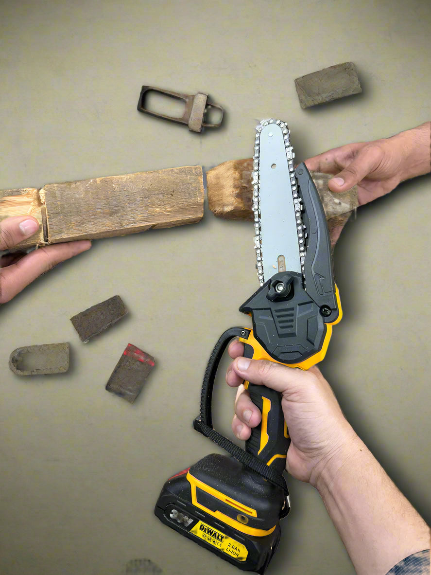 Side view of Dewalt battery-powered chainsaw cutting wood