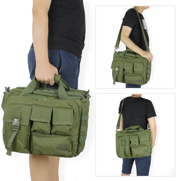 "Tactical laptop bag with open compartments and gear inside"