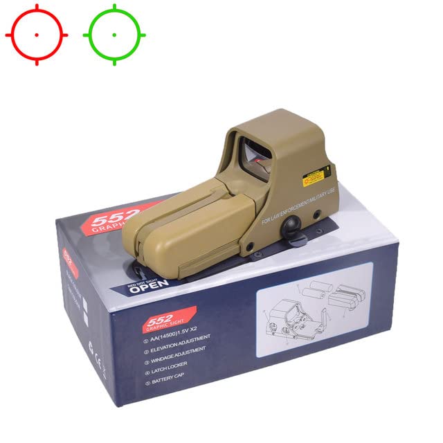 Tan reflex sight Scope on a branded box with target icons above