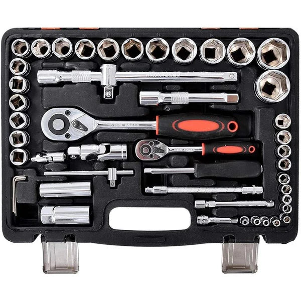 Mechanical tool set with various sockets and tools in a black case 