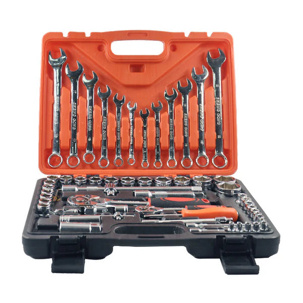 Tool set with wrenches and sockets in an orange and black case 