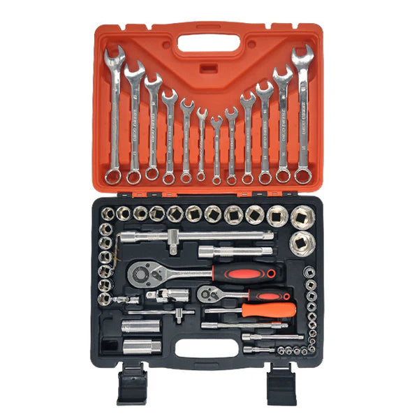 Mechanical tool set with wrenches, sockets, and ratchets in an orange and black case 