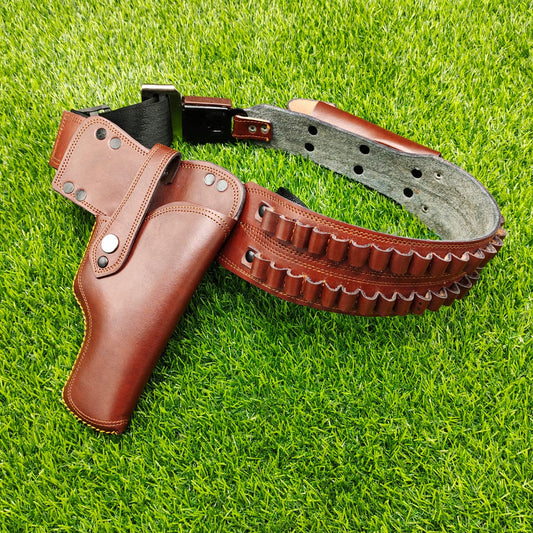 Adjustable Leather Belly Holster for 9mm Pistols – 1 Spare Magazine Pouch, 30-Round Bullet Capacity