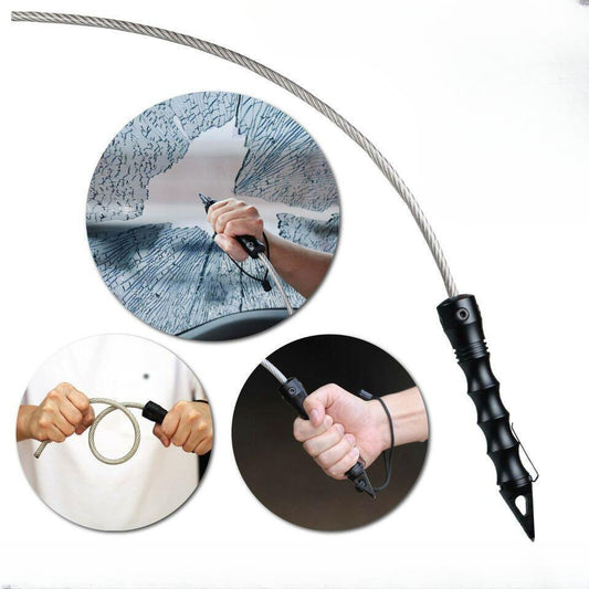 Black metal whip with close-up insets showing use on glass and metal.