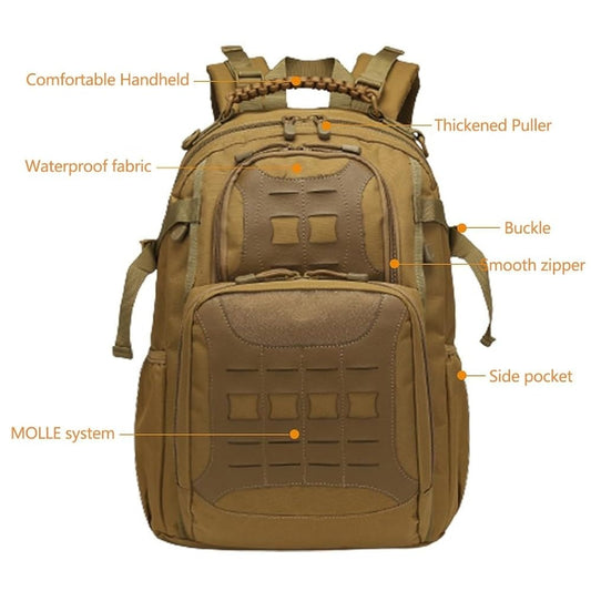 brown tactical-style bug out backpack
