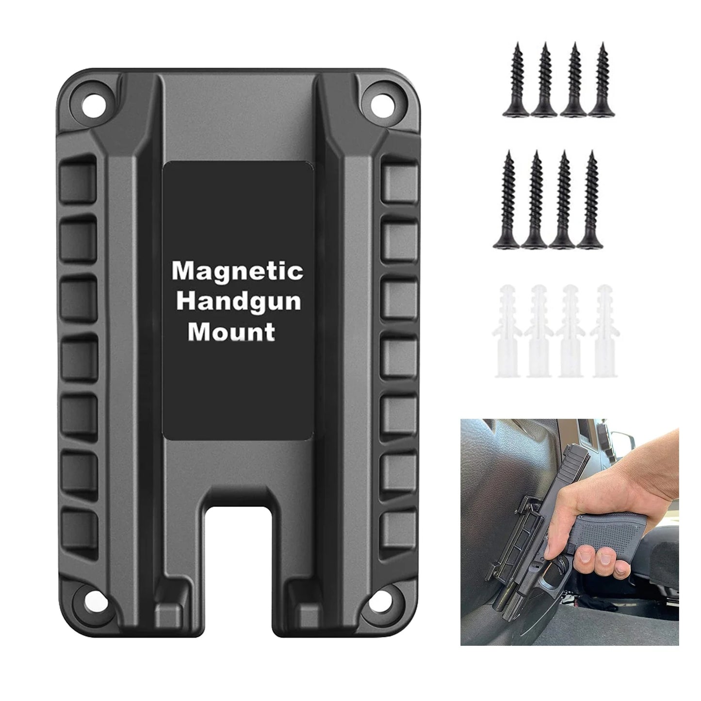 Black magnetic handgun mount with screws on a white background