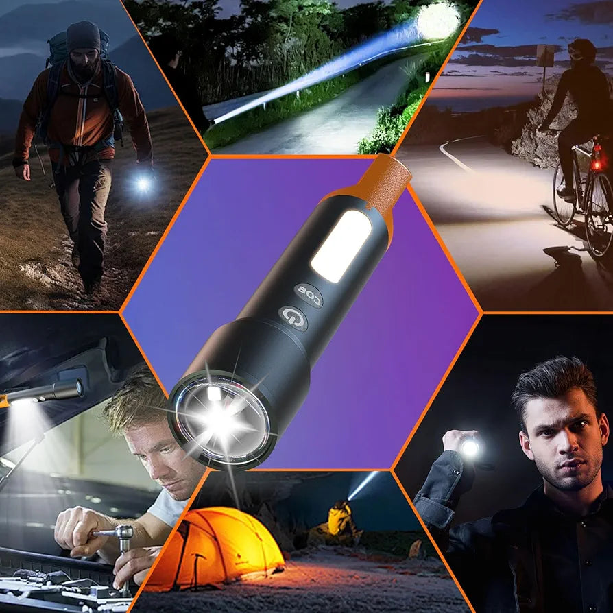 LED Light Rechargeable Tactical LED Flashlight – Zoomable with Camping COB Sidelight & Multicolor Lens