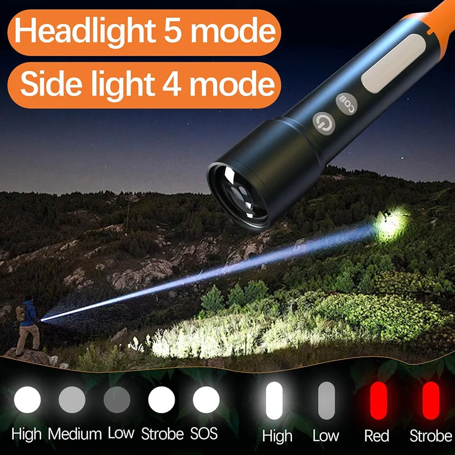 LED Light Rechargeable Tactical LED Flashlight – Zoomable with Camping COB Sidelight & Multicolor Lens